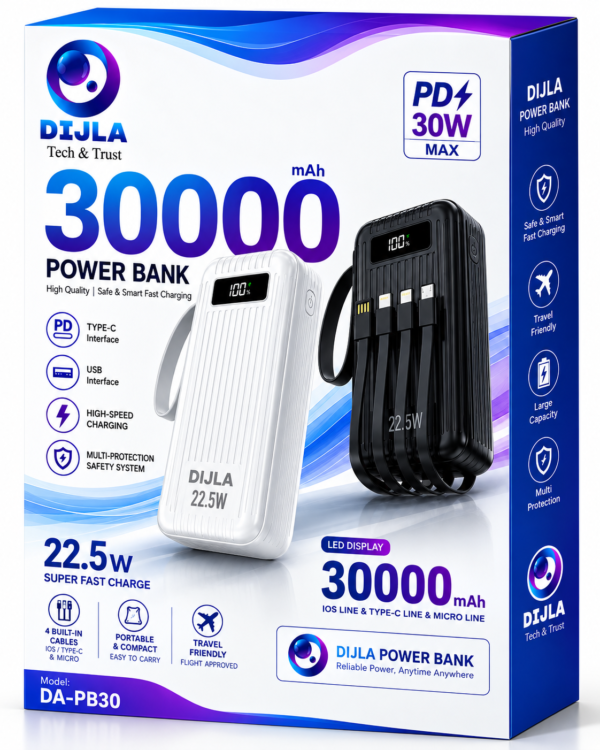 35b34e1a-3ad0-44bd-947e-333d62d758f1 DIJLA 30000mAh Power Bank – 22.5W Super Fast Charging with PD 30W Max